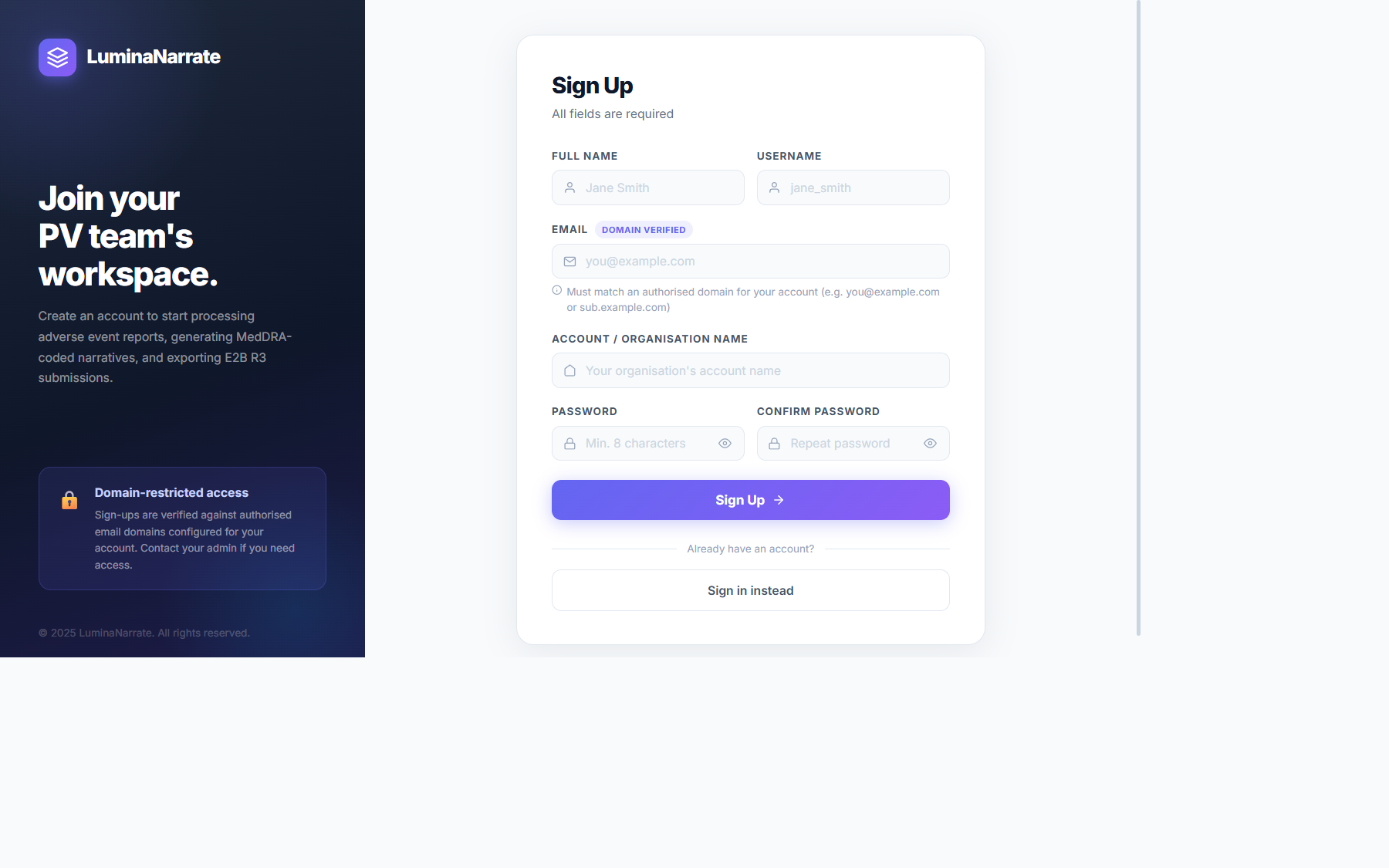 Sign Up — create a new team account